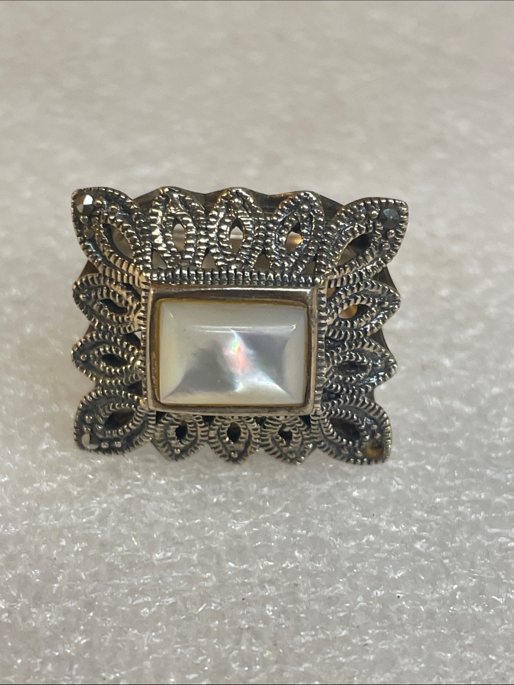 Vintage-Inspired Silver Ring with Mother-of-Pearl Center